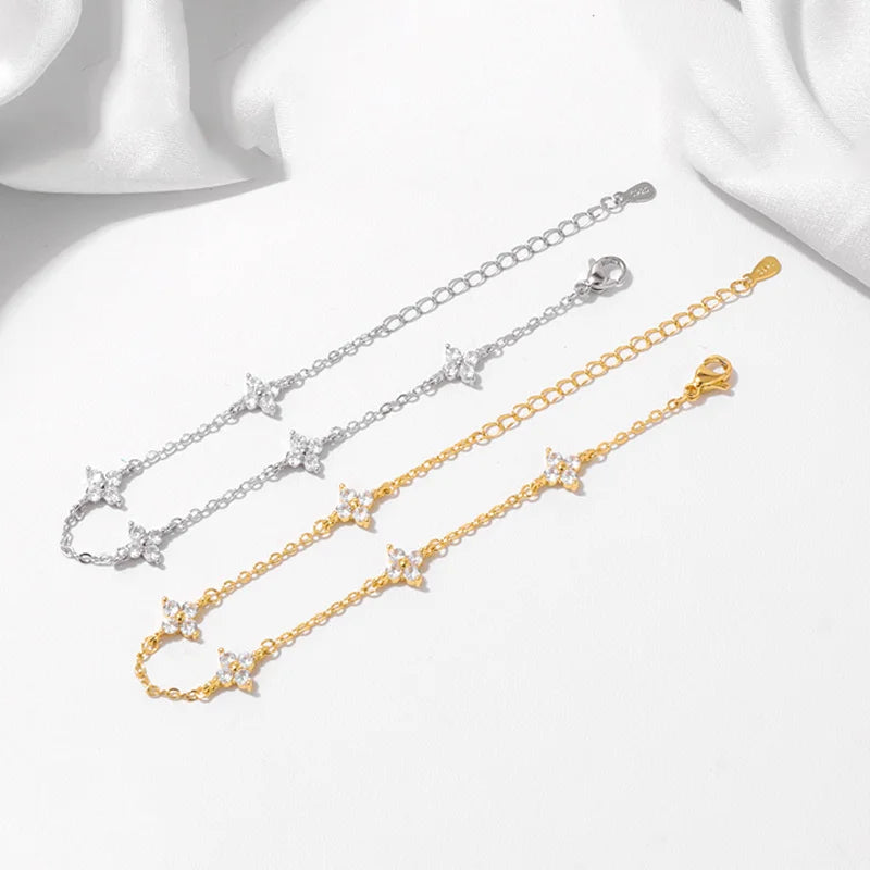 Silver Plated Cz Four-leaf Flower Bracelet for Women Girl Cute Dainty Adjustable Link Chain Bracelet Trend 18k Gold