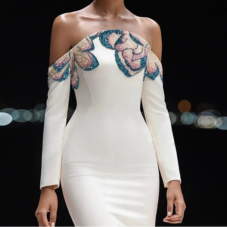 Classic Mermaid Evening Dress Customized Strapless Long Sleeves Celebrity Gowns Exquisite Beading Zipper Back Prom Dress