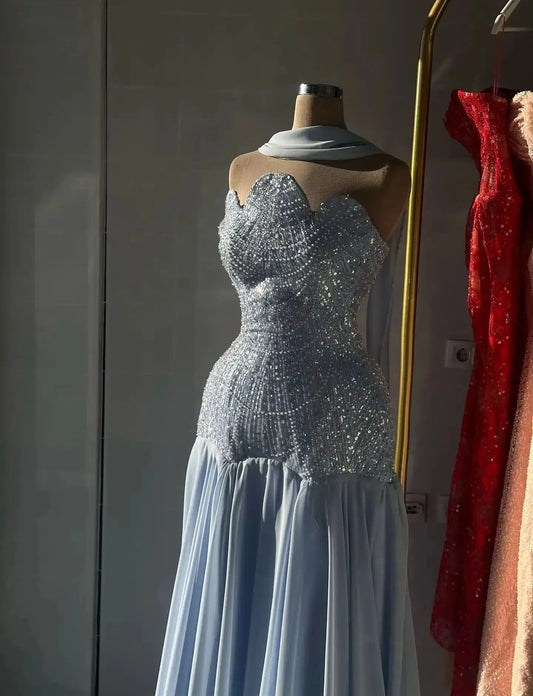 Women's Evening Dress Blue Prom Dresses for Special Occasions Beads A-line Party