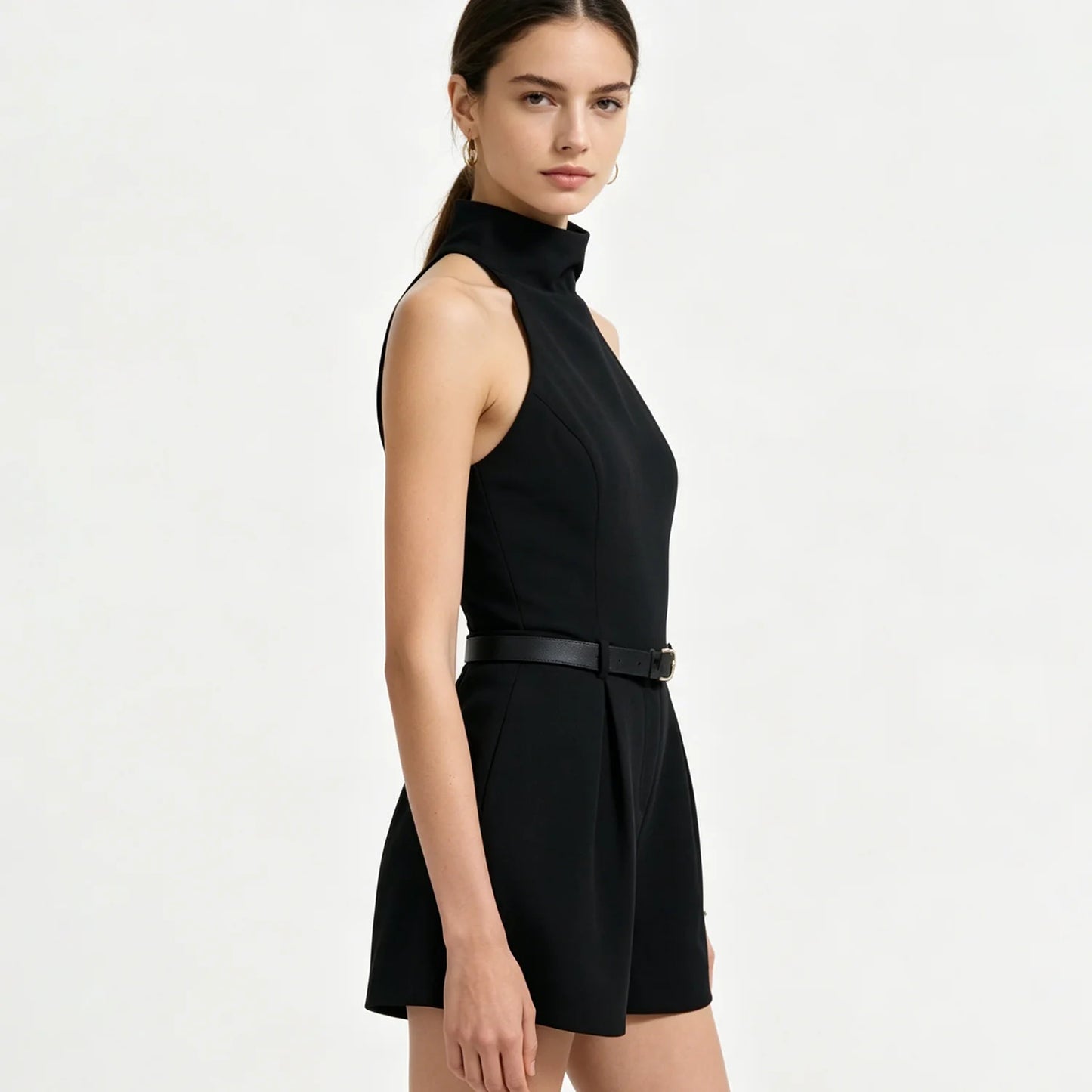 Women high neck romper, sleeveless pleated short jumpsuit with matching waist belt, elegant party casual playsuit