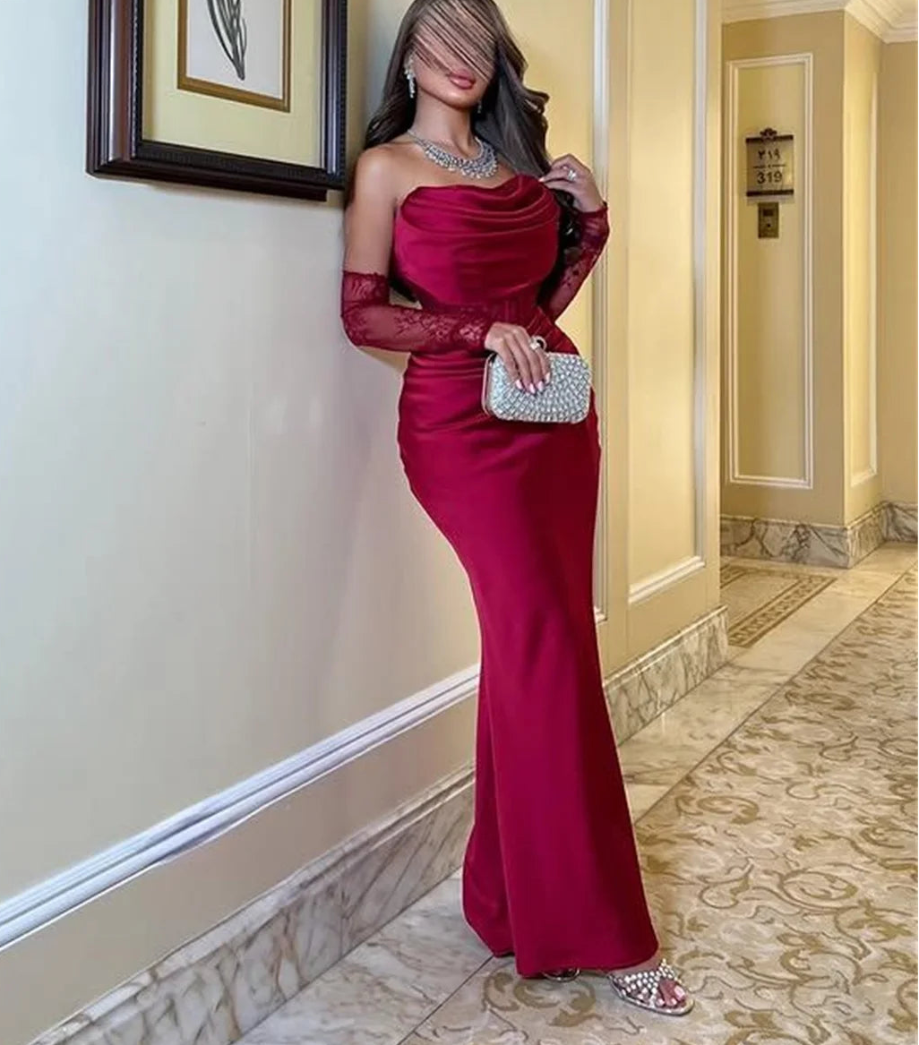 Shoulder Red Mermaid Formal Evening Gown Luxurious Romantic Off-Shoulder Cowl Neckline