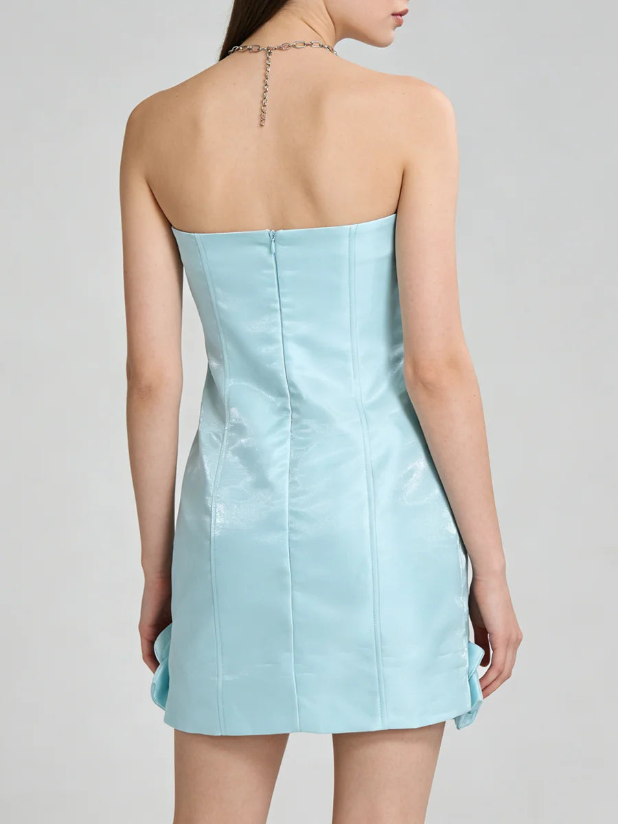 Strapless Corset Mini Cocktail Dress Sky Blue 3D Floral Appliques Rhinestone Satin Short Party Gown For Birthday Homecoming