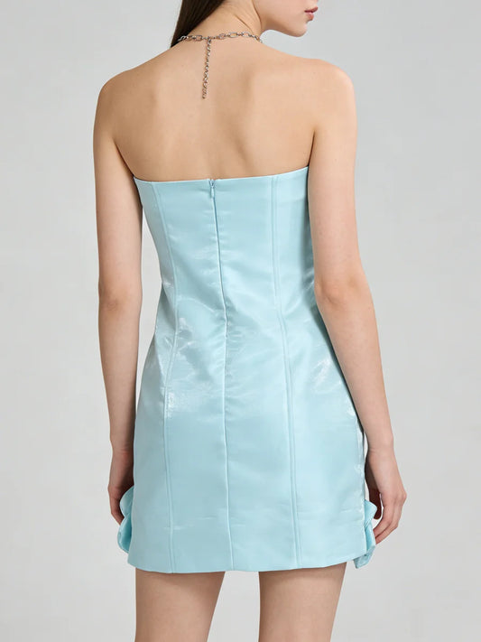 Strapless Corset Mini Cocktail Dress Sky Blue 3D Floral Appliques Rhinestone Satin Short Party Gown For Birthday Homecoming