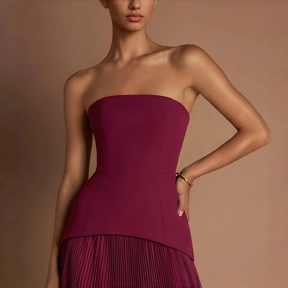 Burgundy Strapless Corset Bridesmaid Maxi Dress Stretch Crepe Bodice Pleated Chiffon Skirt High Side Slit 3D Floral A Line Dress