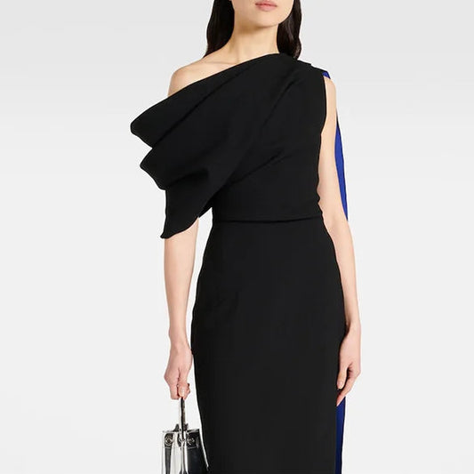 Women One Shoulder Column Midi Cocktail Gowns Tea Length Draped Sheath Formal Party Dress