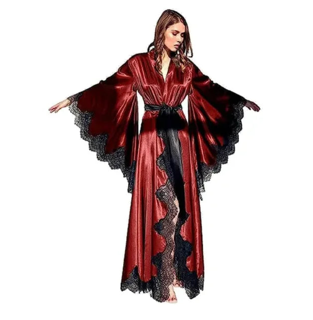 Women Robes Sleepwear Kimono Pajamas Pure Long Black Silk Satin Lace Trim Photography Dress Wedding Bride Gown Photo Shoot