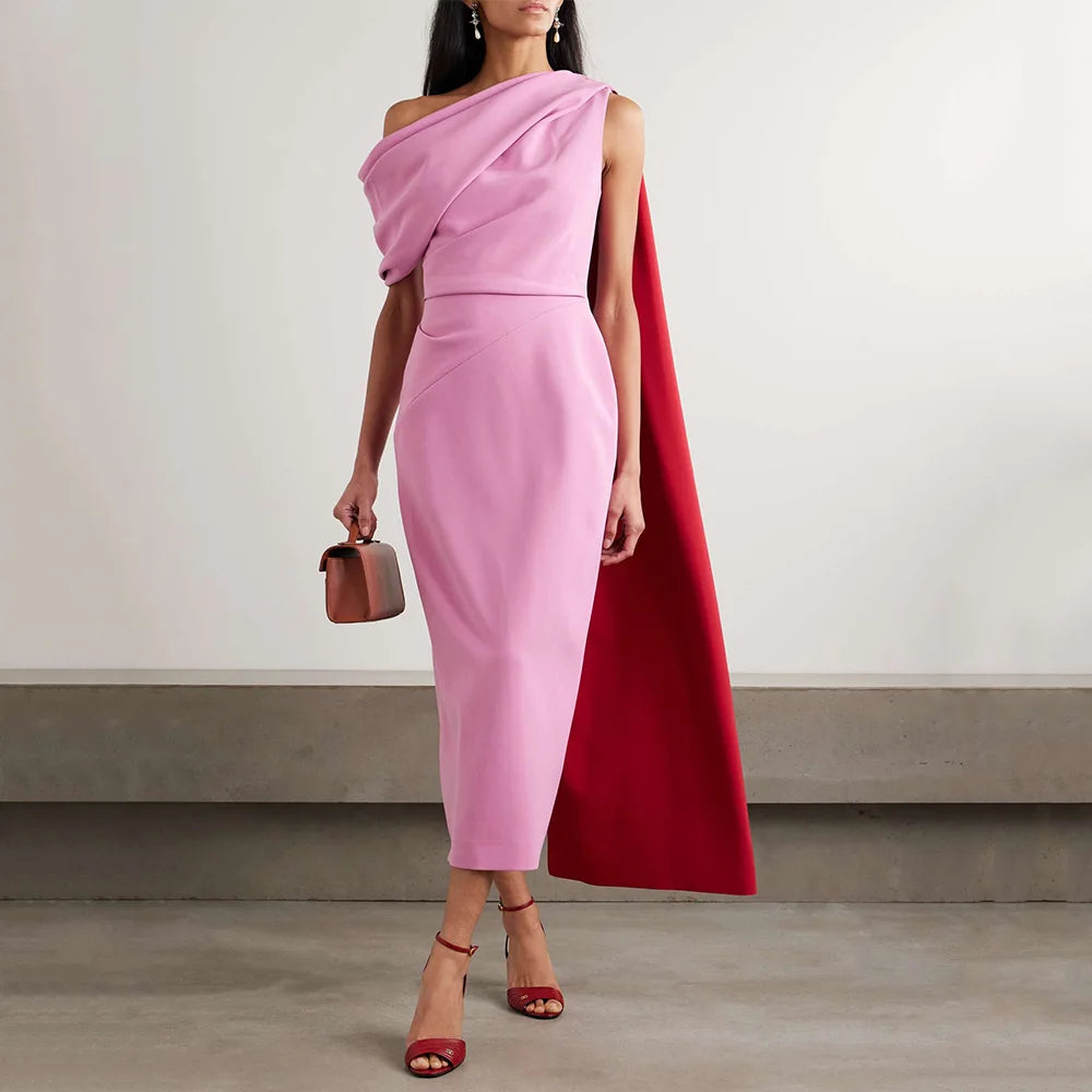 Women One Shoulder Column Midi Cocktail Gowns Tea Length Draped Sheath Formal Party Dress