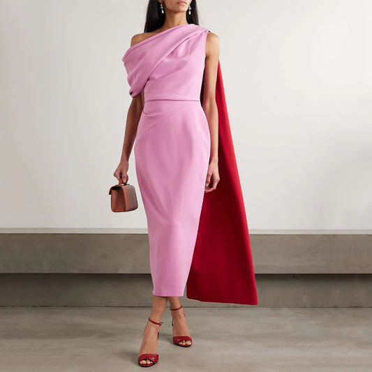 Women One Shoulder Column Midi Cocktail Gowns Tea Length Draped Sheath Formal Party Dress