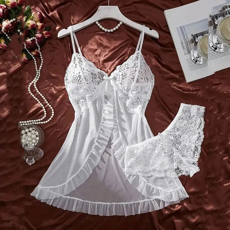 Woman Underwear Nightgown Thong Sets Plus Size Suspender Lace Lingerie Sexy Accessories Erotic Bra Nightdress lencería