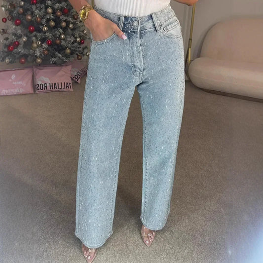 2025 Women Jeans Straight Diamonds Pants Stretch High Waist Washed Mom Jeans  Streetwear Trousers Vintage Denims Streetwear
