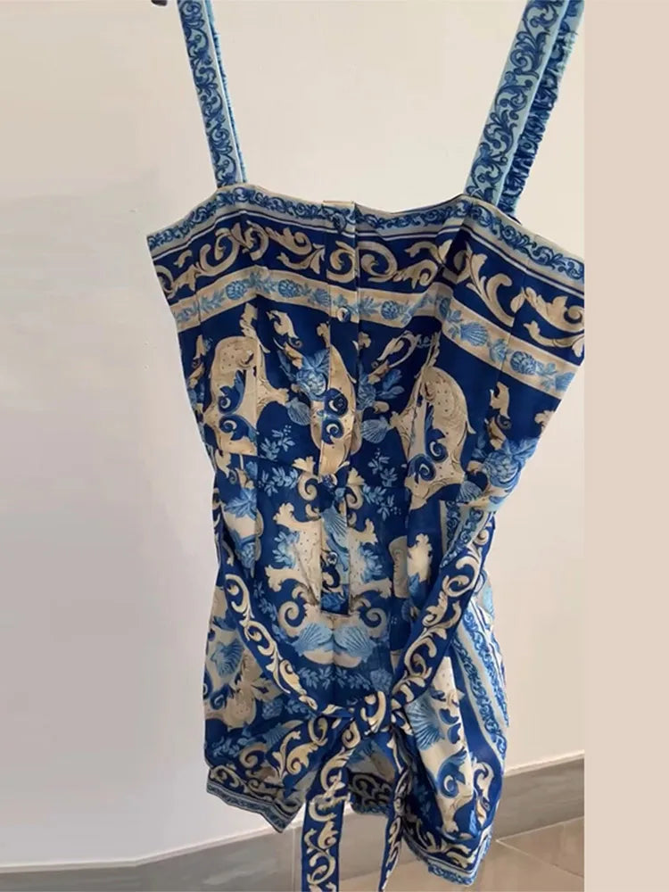 Print Sling Shorts Jumpsuits Women Square Lace Up High Waist Wide Legs Jumpsuit Female 2026 Summer New Chic Vacation Streetwears