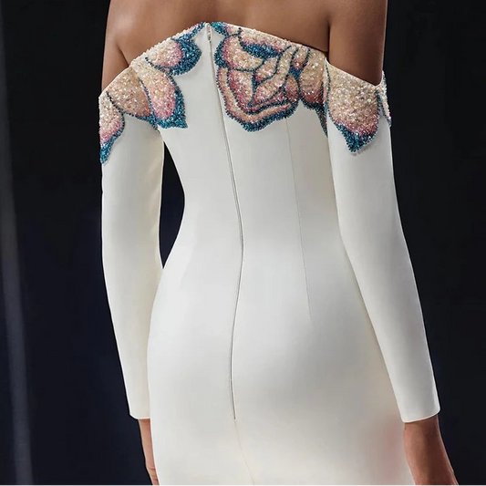 Classic Mermaid Evening Dress Customized Strapless Long Sleeves Celebrity Gowns Exquisite Beading Zipper Back Prom Dress