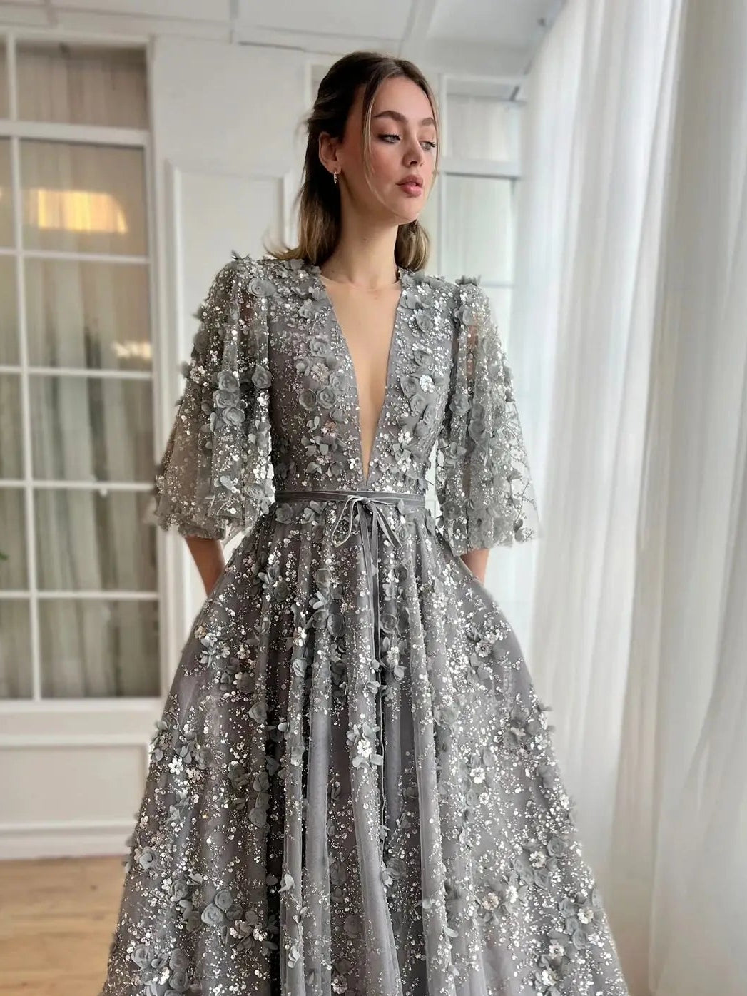 Party Evening Dress Grey Ball Female Dresses for Youth Women Prom Deess Evones Long Gala