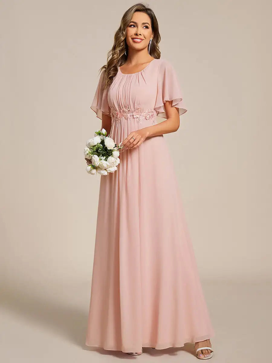 Elegant Evening Dresses Short Sleeves Pleated Applique Floor-Length Ever Pretty of A-Line Dusty Navy Bridesmaid Dress