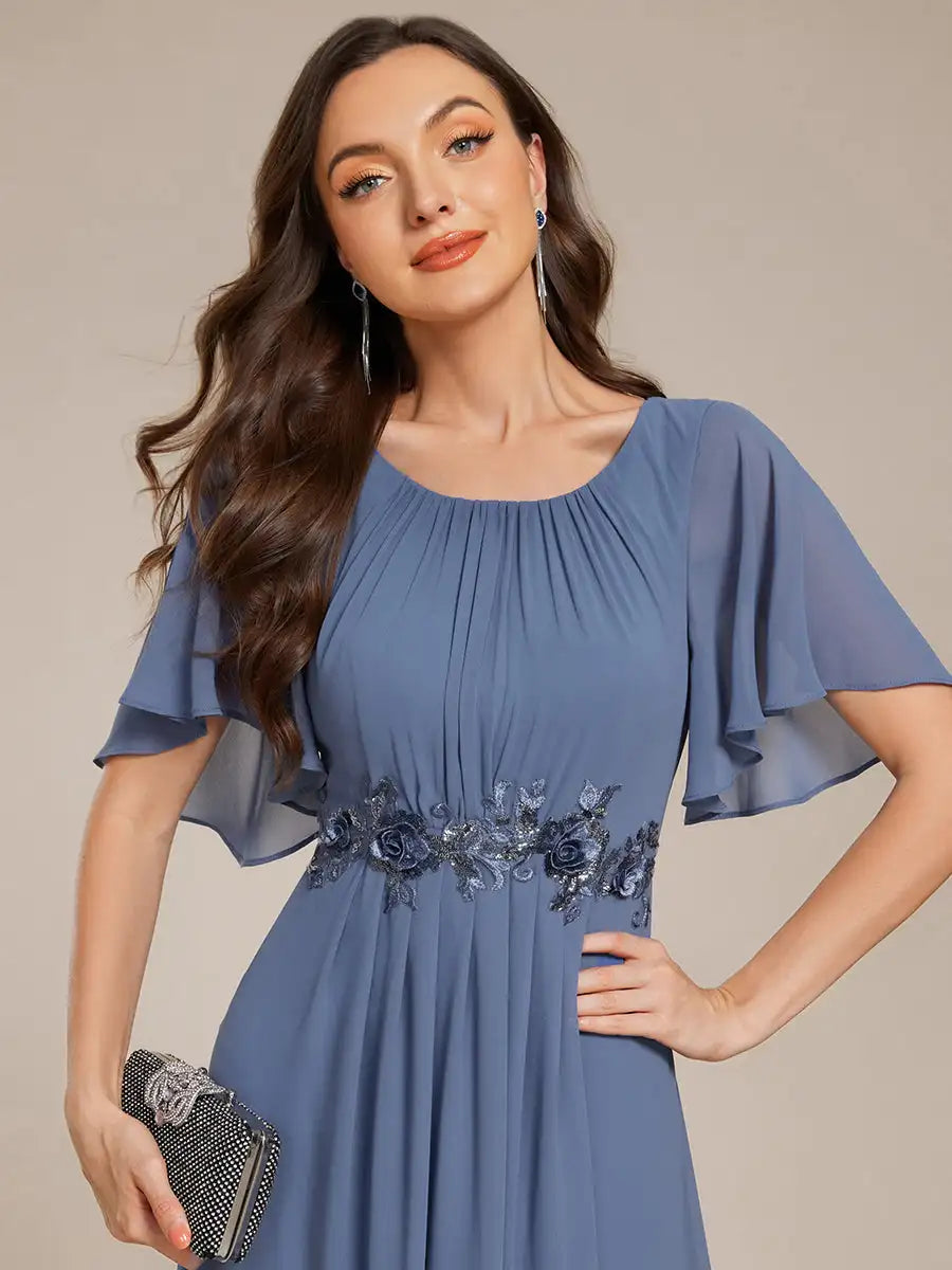 Elegant Evening Dresses Short Sleeves Pleated Applique Floor-Length Ever Pretty of A-Line Dusty Navy Bridesmaid Dress