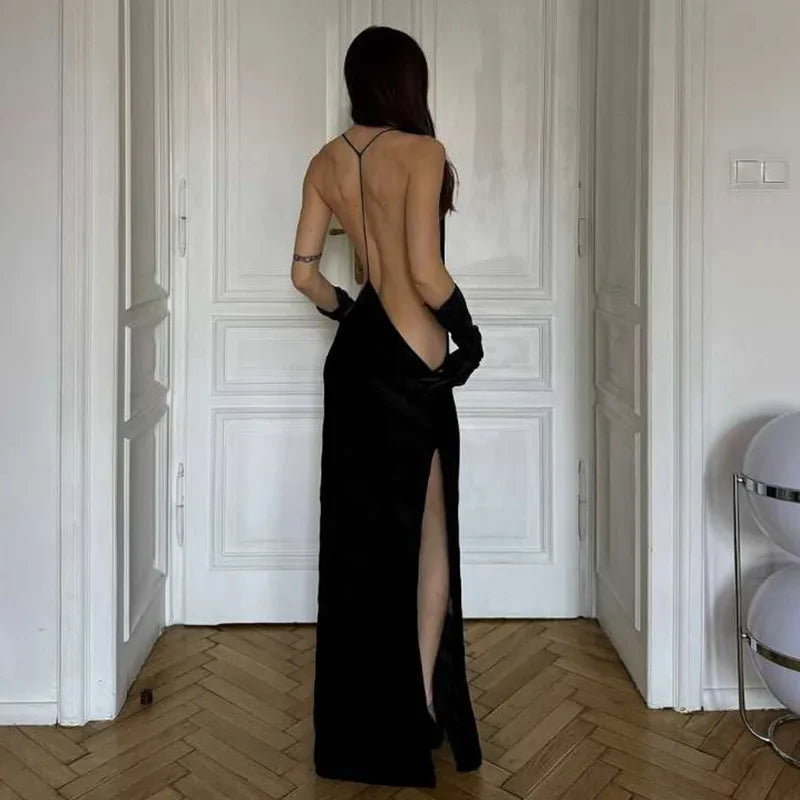 Sexy Halter Party Club Maxi Split Dress Outfits Women Summer Sleeveless Backless Bodycon Long Dresses Vestido