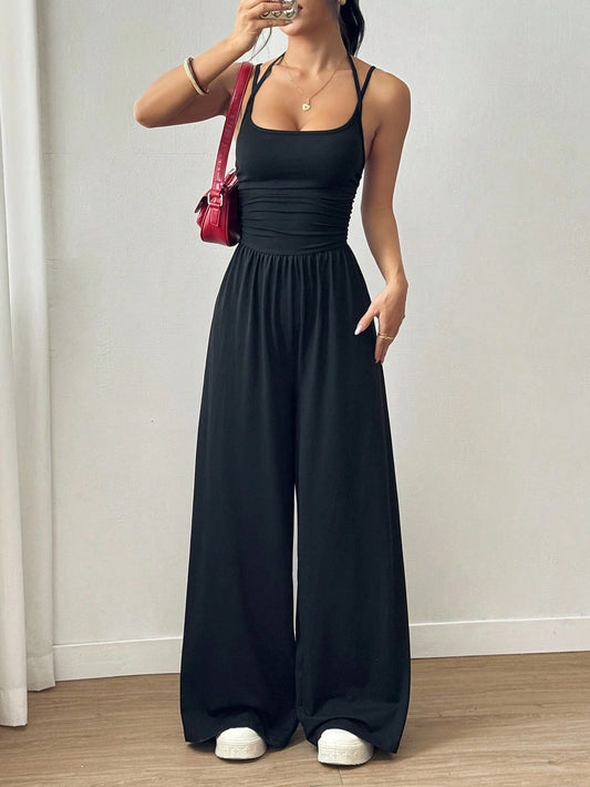 Women's Casual Pleated Loose Straight Leg Jumpsuit, Spring/Summer