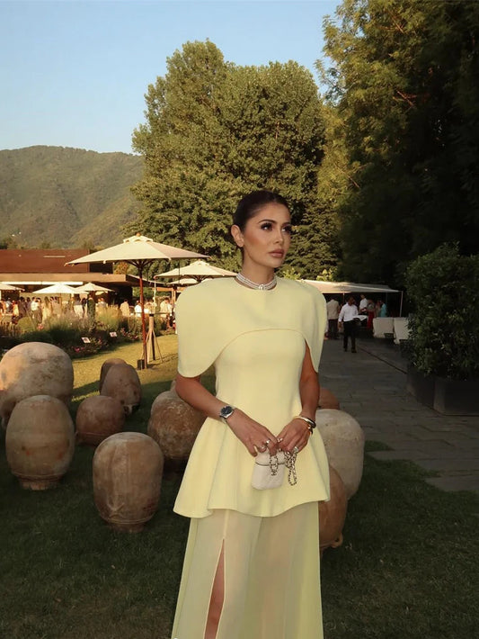 Yellow Luxury Prom Dresses Side Slit Ruffles Cap Sleeves Formal Evening Dress A Line Guest Party Gowns