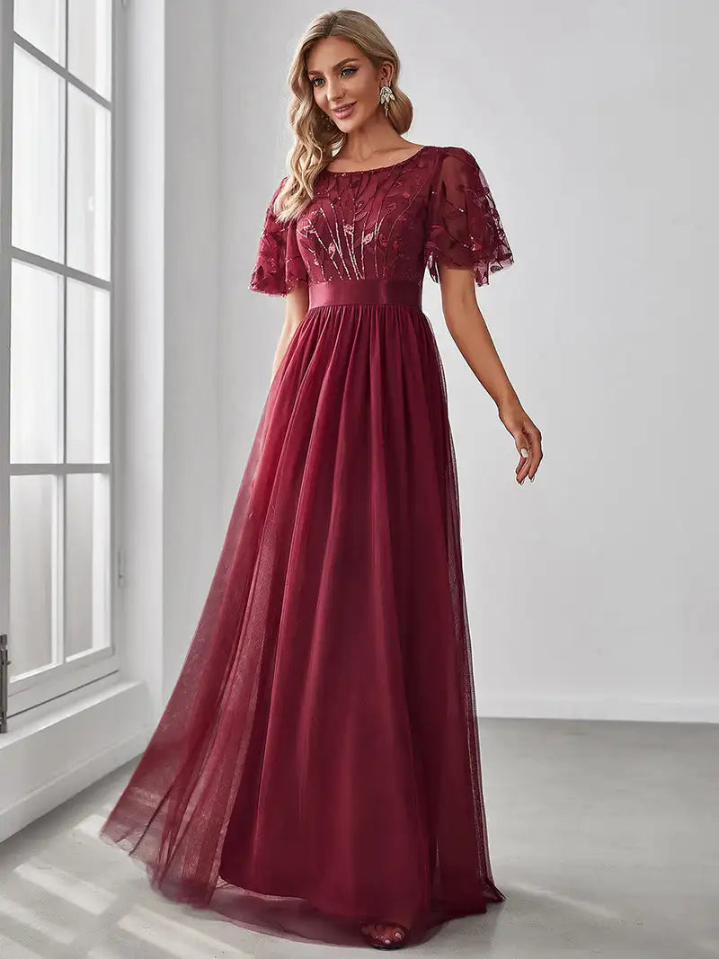 Print Maxi Long with Cap Sleeve Ever Pretty of Burgundy Gauze Prom Dresses Of Women