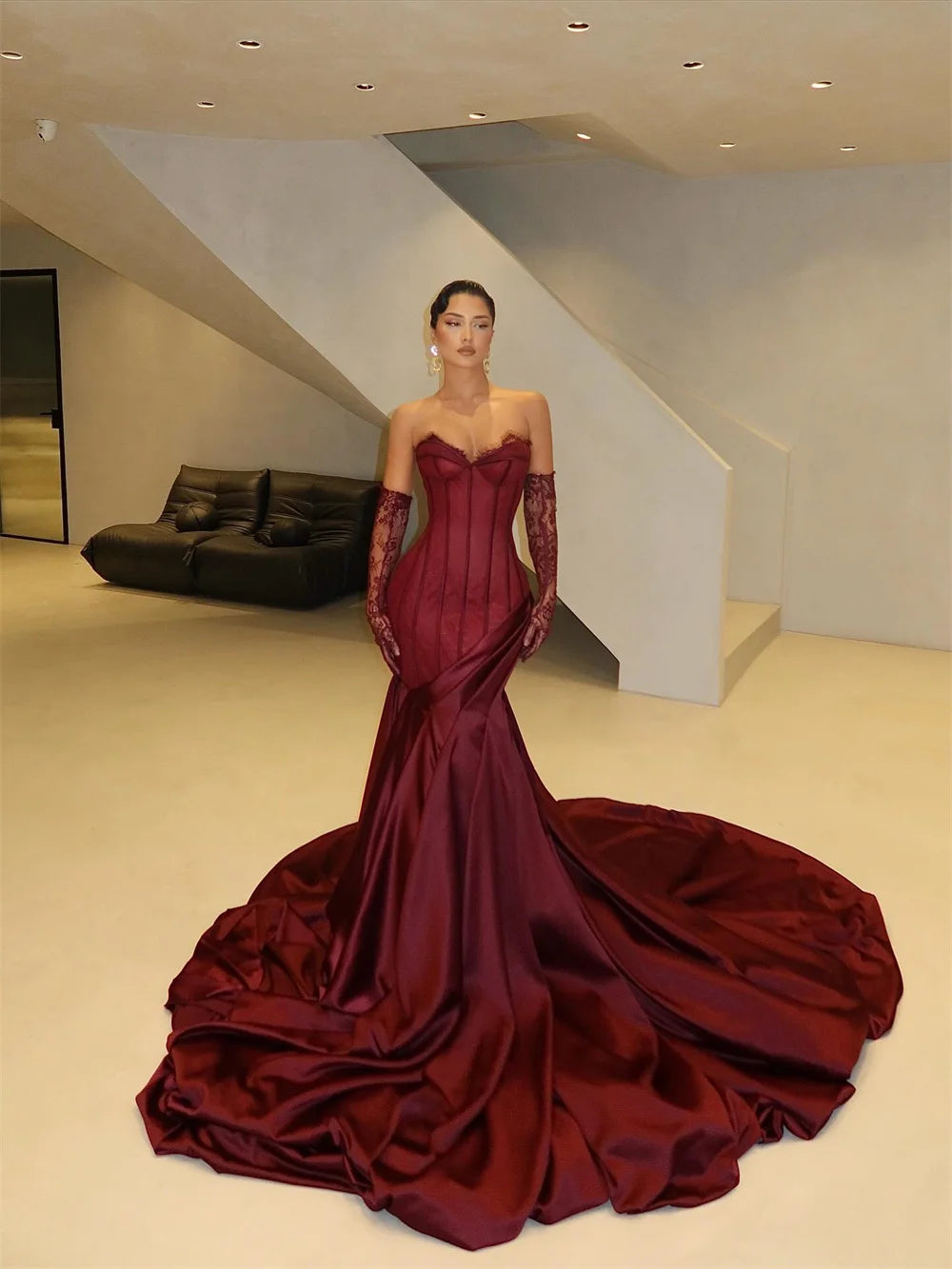 Burgundy Gorgeous Mermaid Asymmetric Prom Dress Lace Sleeves vestidos de noiva Royal Train Evening Dresses 2025