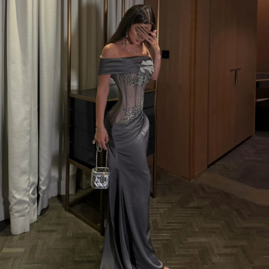 Sexy Mermaid Evening Dress Charming Off the Shoulder Sweep Train Cocktail Dresses Delicate Ruched Satin Party