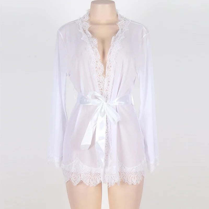 Women's Sheer Lace Kimono Robe, Long Sleeve V-Neck Belted Soft Bridal Wedding Lingerie Nightwear Multi-color