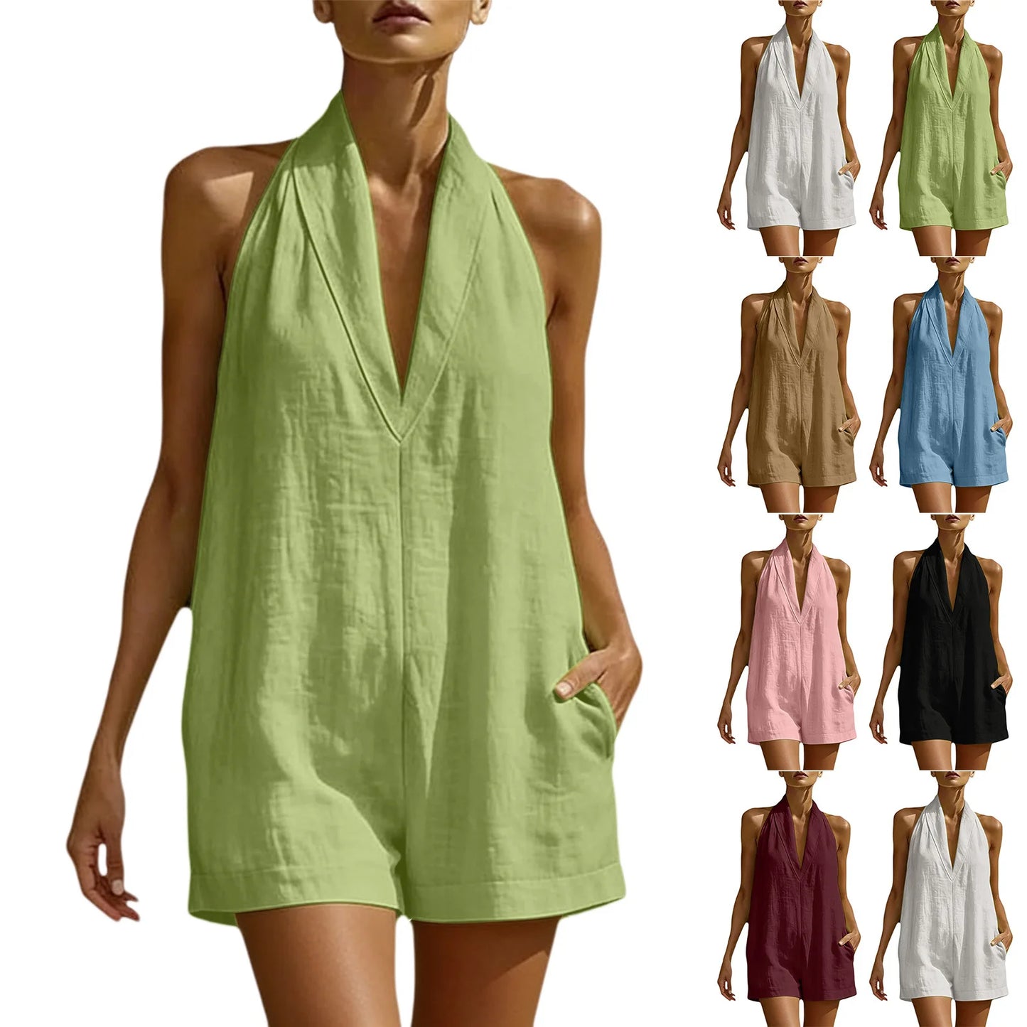 Holiday Style Solid Color V-neck Jumpsuit Shorts Women's Loose Sleeveless Slimming Wide Leg Casual Jumpsuit