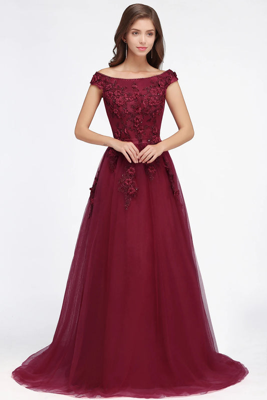 Evening Dress Off-shoulder Bodice Paddigns 3D Flowers Beading Top  Long Skirt Tulle Formal Party Ball