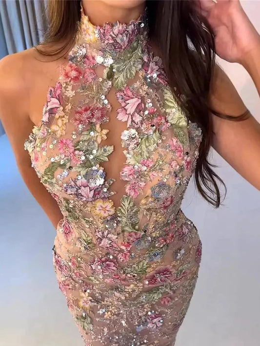 High Neck Champagne Mermaid Evening Dress 2026 Prom Dress Sleeveless Flowers 3D Floral Formal Evening Gown Customized