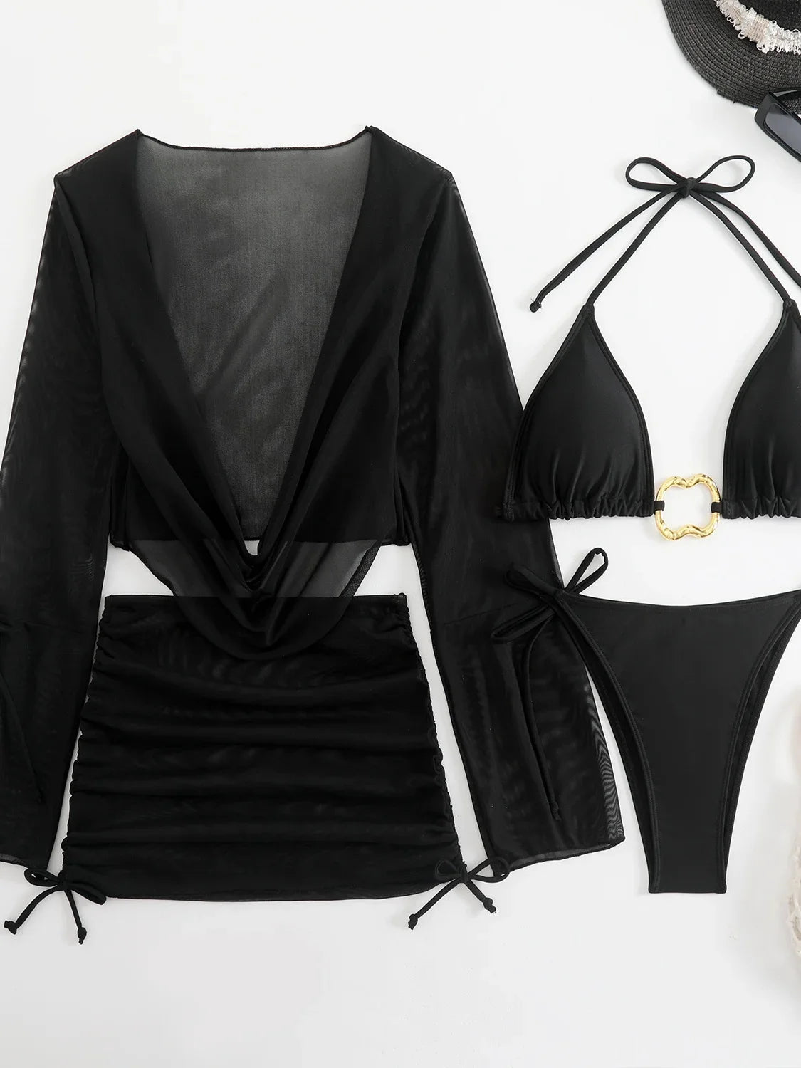 Sexy Bikinis Sets Women Long Sleeve Mesh Cover Up Skirt Swimsuit Beach Bathing Suit Holiday Swimwear Biquini