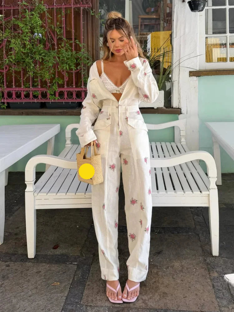 Women's Jumpsuit V-Neck Zipper Long-Sleeved Waist Cinching Pocket Rompers Chic Spring Summer Daily Ladies Wear