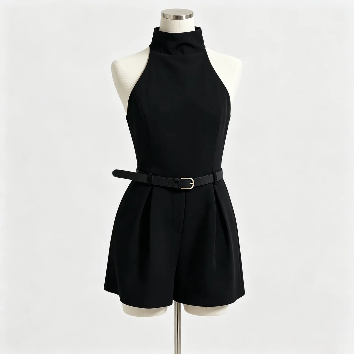 Women high neck romper, sleeveless pleated short jumpsuit with matching waist belt, elegant party casual playsuit.