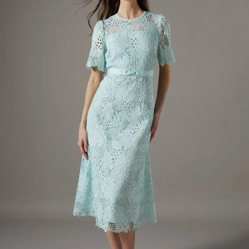 Women's A-line Evening Dresses Tea-length O-neck Short Sleeve Prom Dresses Fashion Sashes Simple Draped Customized