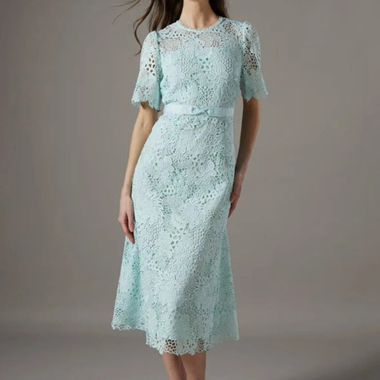 Women's A-line Evening Dresses Tea-length O-neck Short Sleeve Prom Dresses Fashion Sashes Simple Draped Customized