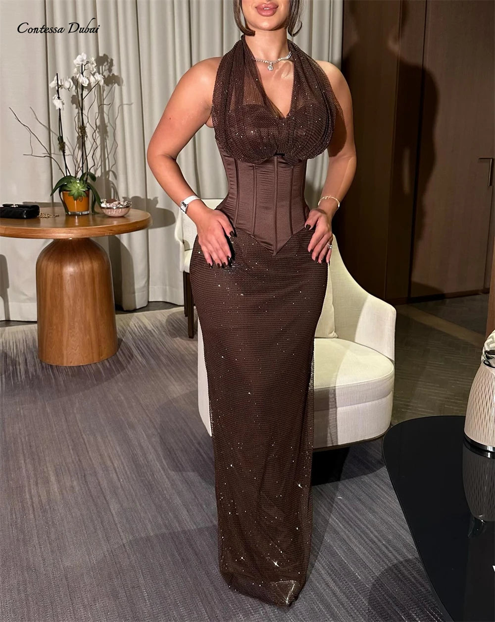 evening dress sexy halter prom dress formal gown party dress glitter mesh V neck corset waist sequin maxi sheath