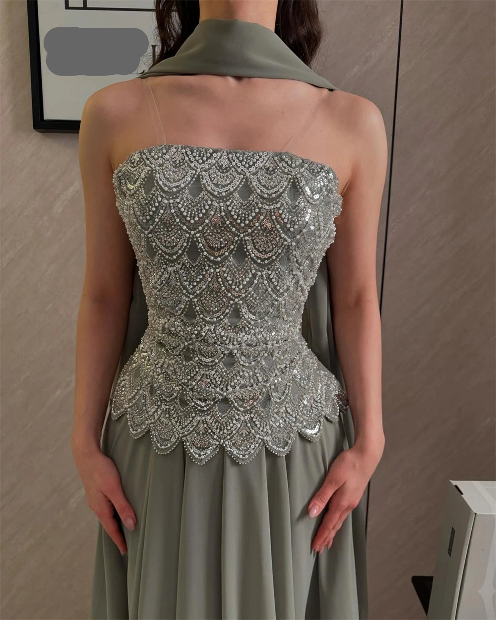 Classic Evening Dress Strapless Beaded Bodice Robes De Soirée Sage Cape Shawl Bridesmaid Dress Maxi Floor Length