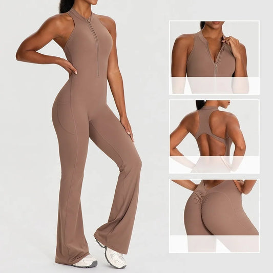 Sleeveless Back Design Yoga Bodysuit Pocket Design Hip Lifting Flared Jumpsuit Women Fitness Sportswear