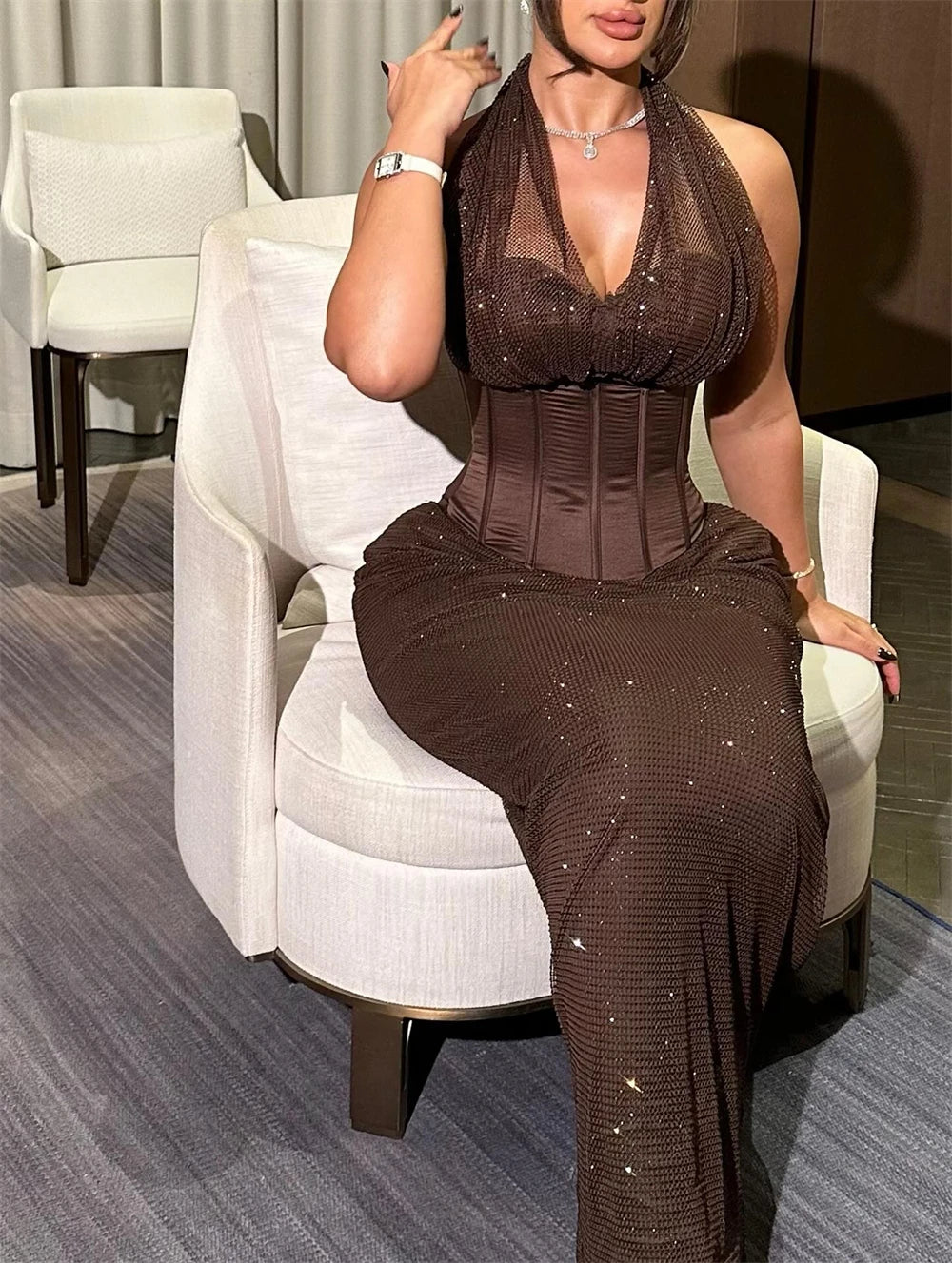 evening dress sexy halter prom dress formal gown party dress glitter mesh V neck corset waist sequin maxi sheath