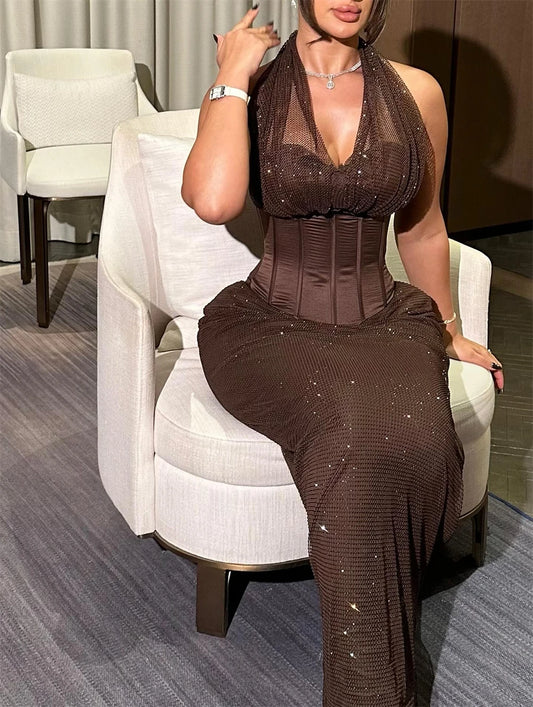 evening dress sexy halter prom dress formal gown party dress glitter mesh V neck corset waist sequin maxi sheath