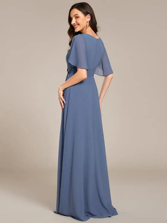 Elegant Evening Dresses Short Sleeves Pleated Applique Floor-Length Ever Pretty of A-Line Dusty Navy Bridesmaid Dress