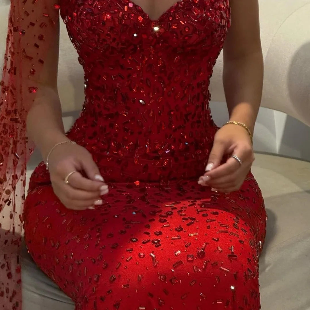 Women Red Strapless Prom Dress Sequin One-Shoulder Cape vestidos de noche Mermaid Maxi Formal Evening 2025