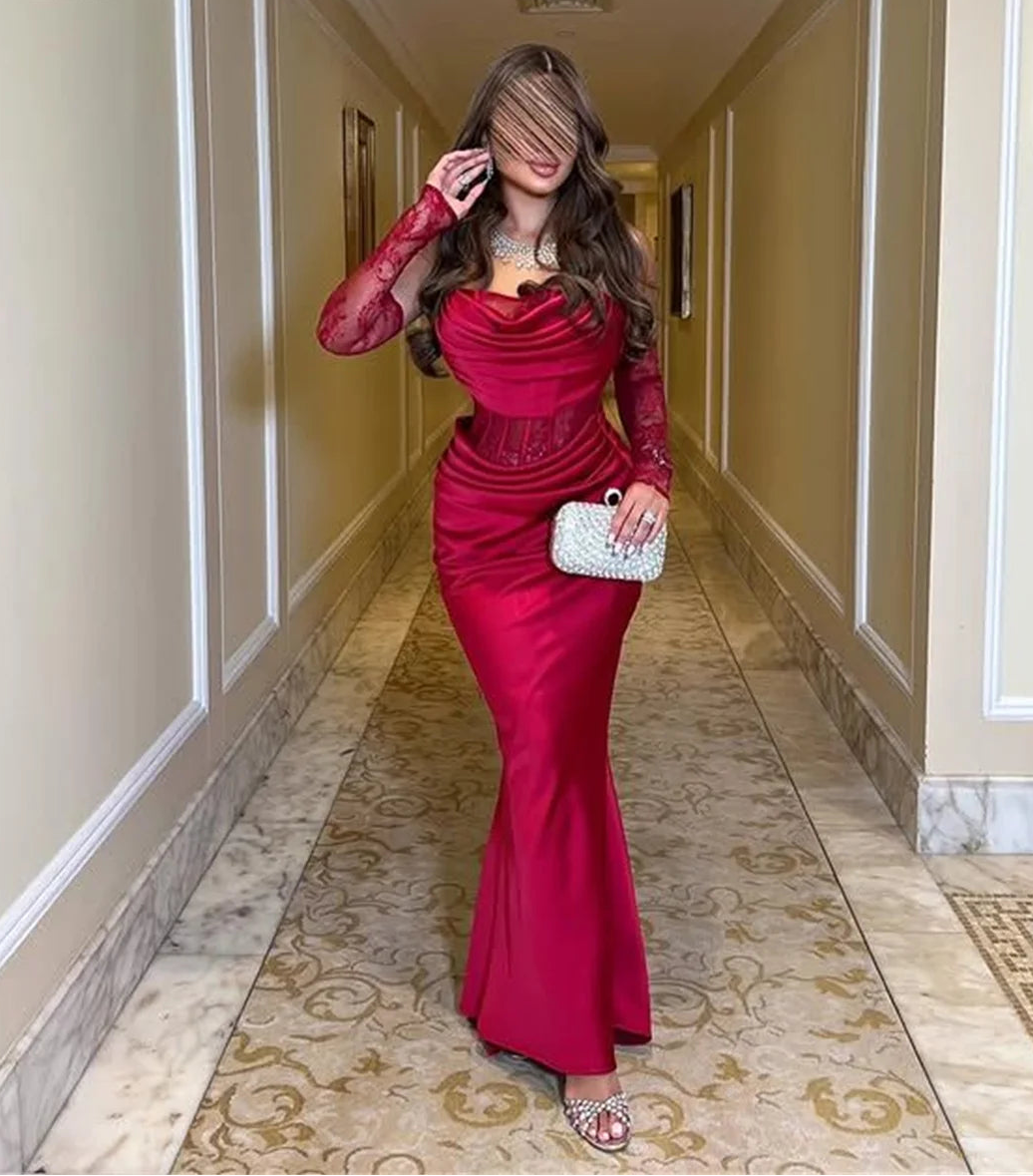 Shoulder Red Mermaid Formal Evening Gown Luxurious Romantic Off-Shoulder Cowl Neckline
