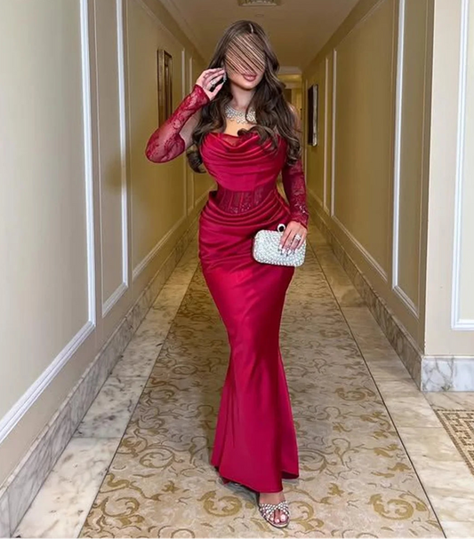 Shoulder Red Mermaid Formal Evening Gown Luxurious Romantic Off-Shoulder Cowl Neckline
