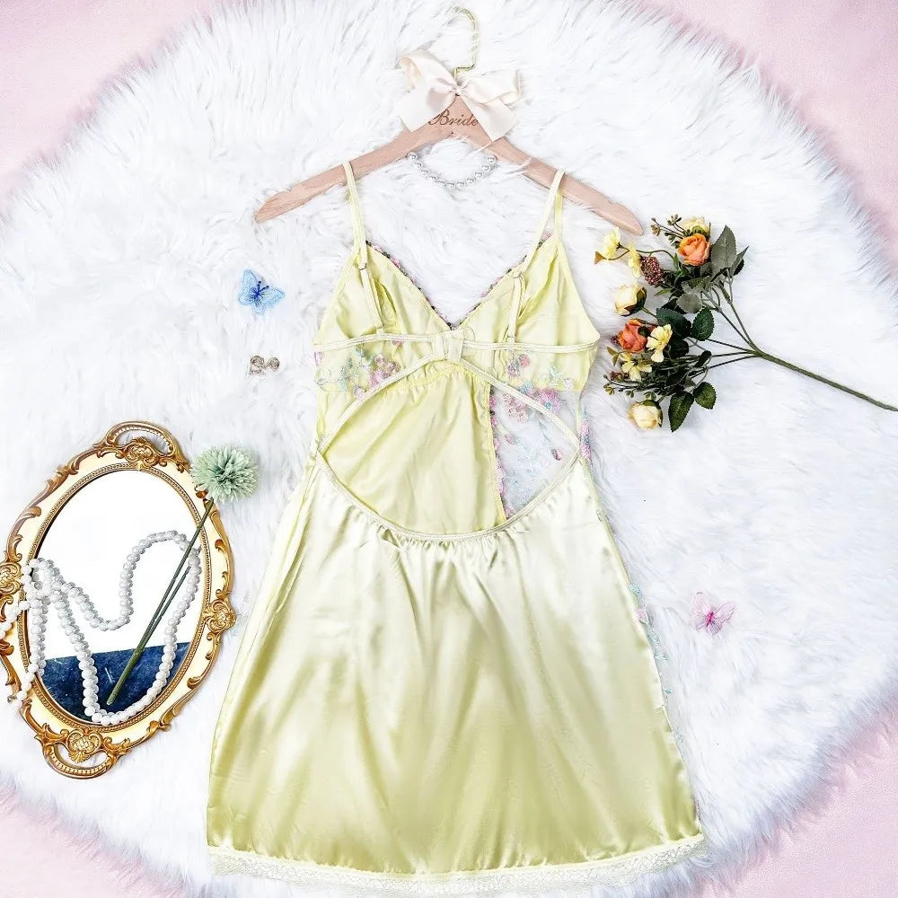 Pajama Dress Embroidered Mesh Transparent Ice Silk Suspender Nightdress Split Sleepwear