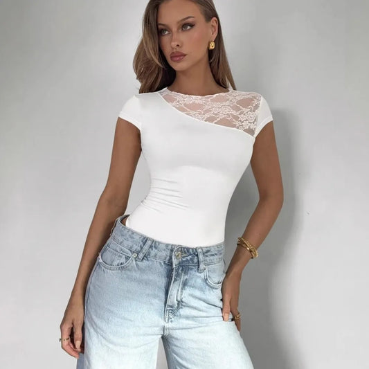 Women's Clothing Lace Edge Patchwork Short-sleeved Jumpsuit