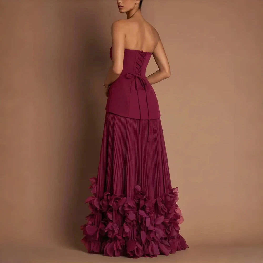 Burgundy Strapless Corset Bridesmaid Maxi Dress Stretch Crepe Bodice Pleated Chiffon Skirt High Side Slit 3D Floral A Line Dress