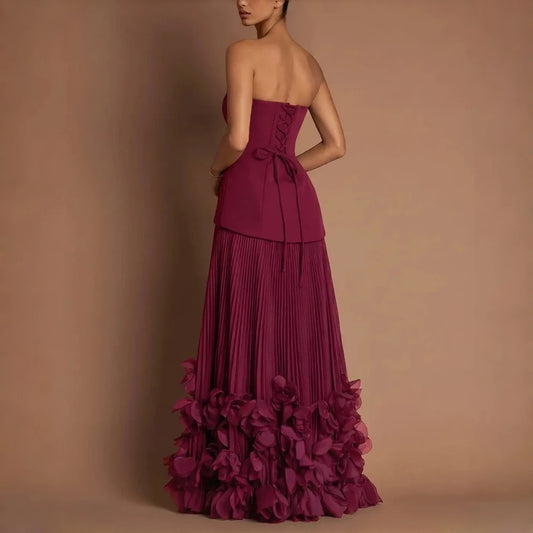 Burgundy Strapless Corset Bridesmaid Maxi Dress Stretch Crepe Bodice Pleated Chiffon Skirt High Side Slit 3D Floral A Line Dress