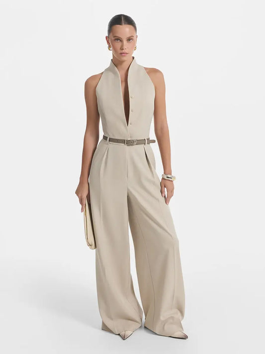 2026 New Women's Beige Halter Neck Jumpsuit with Belt, Sleeveless Wide Leg Pants, Elegant Formal & Office Outfit