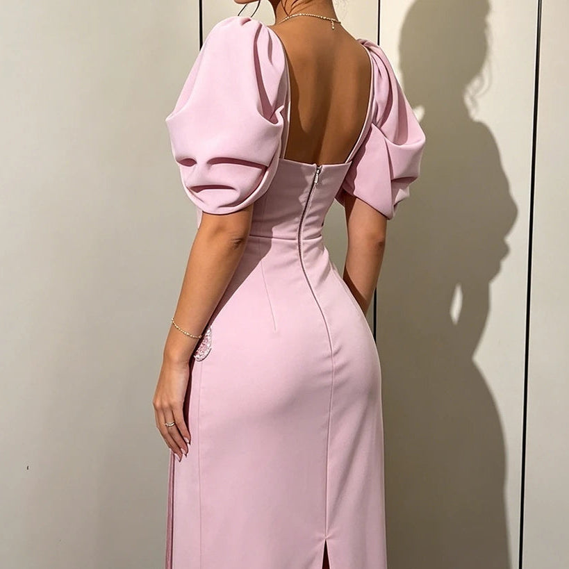 Women's A-line Evening Dresses Floor-length Square Collar Short Sleeve Prom Dresses Fashion Crystal