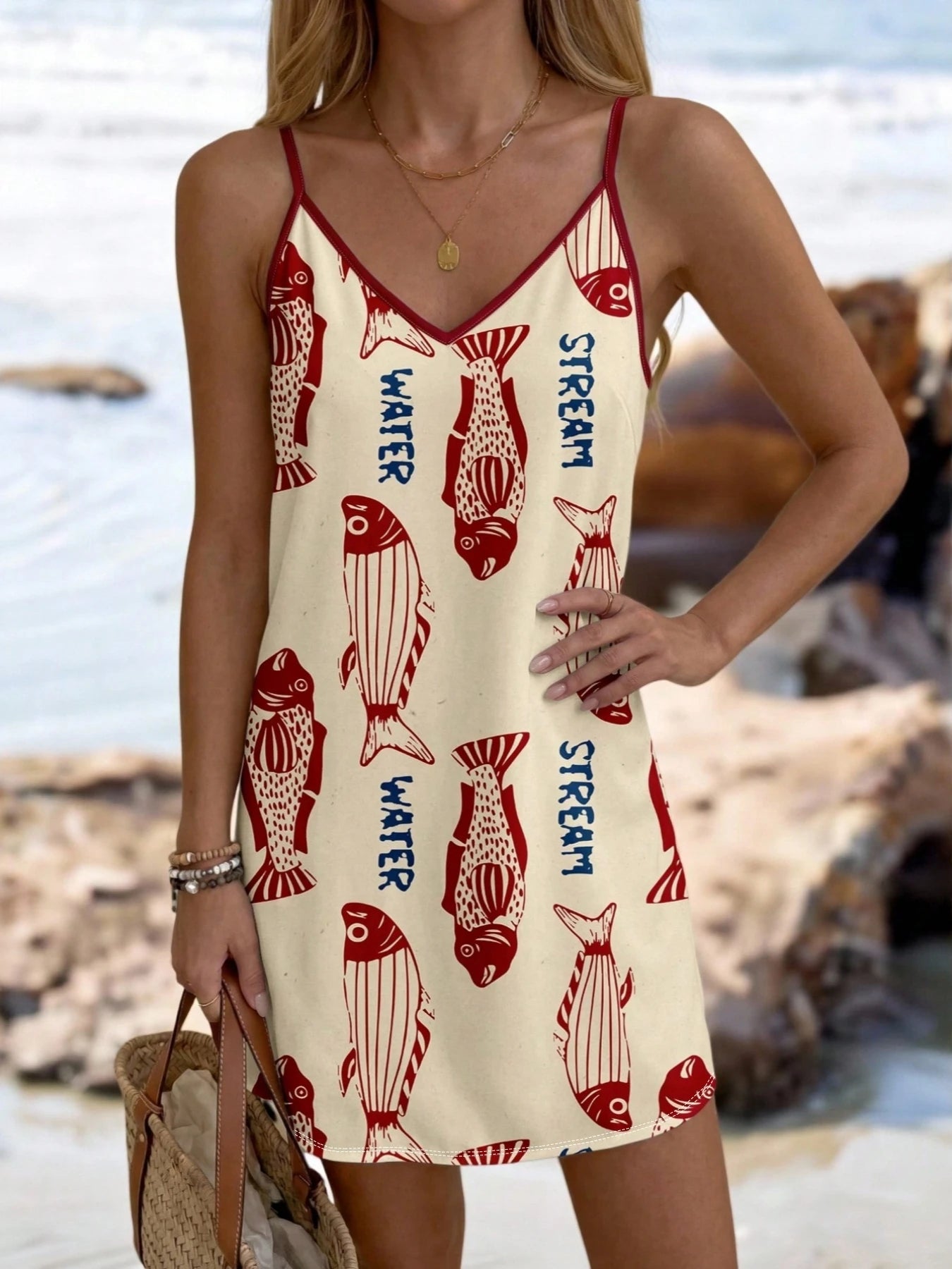 Women's Summer Elegant Vacation Style Tropical Plant Printed V-neck Strap Dress